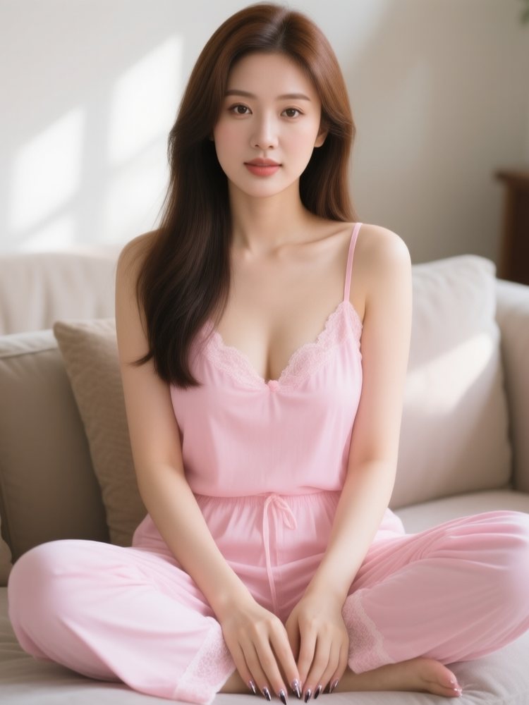 Paloma in pink pyjamas on the sofa